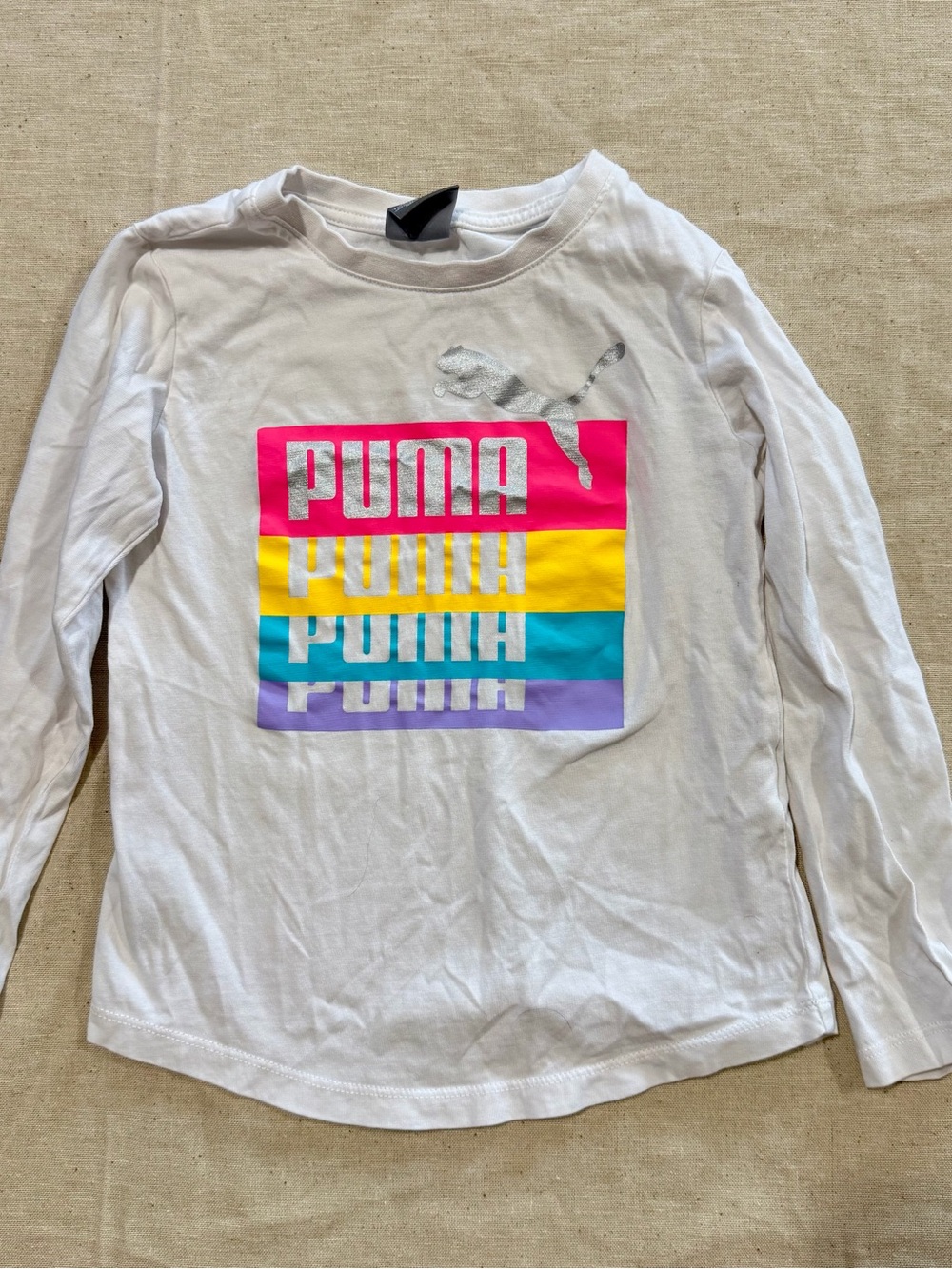 Puma White Long-Sleeve Kids Tee with Pink, Yellow, Teal & Purple Logo